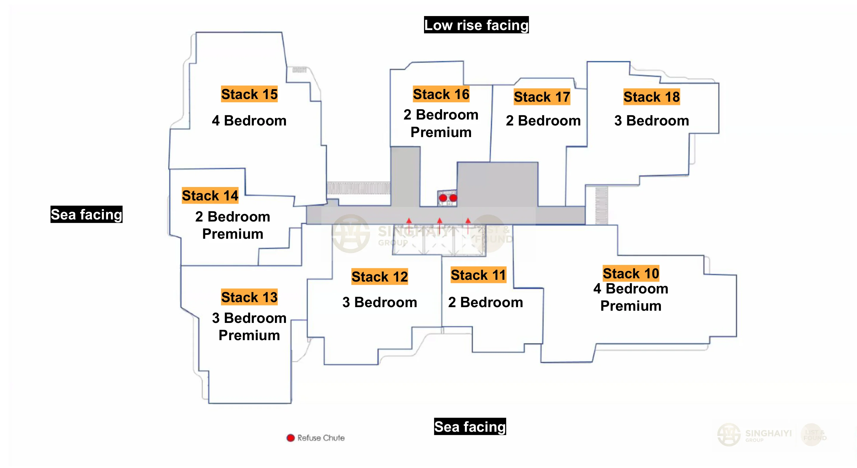 Block 3 typical floor plan showing Stacks 10 to 18 with bedroom types and facing directions