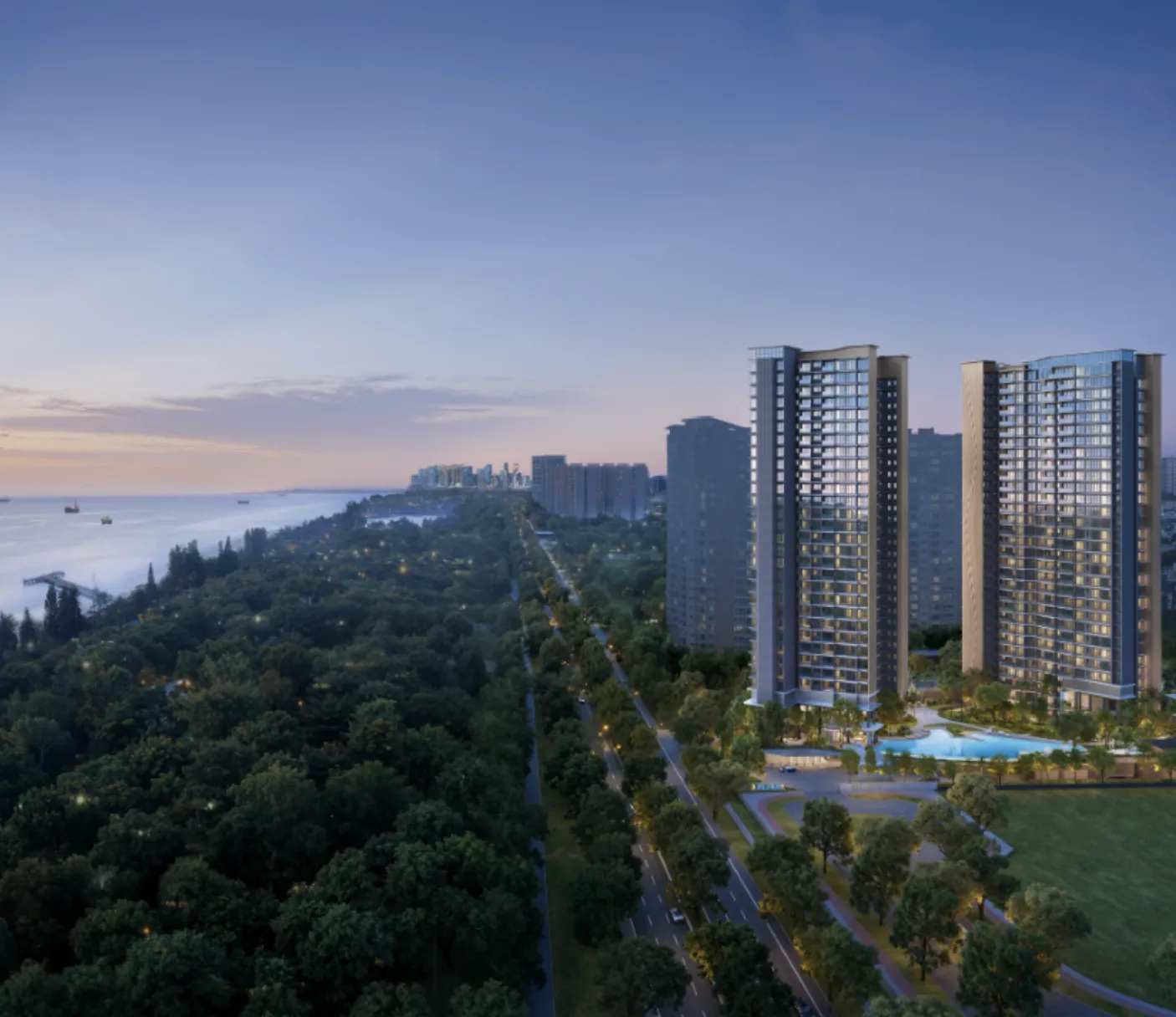 Aerial view of towers at dusk